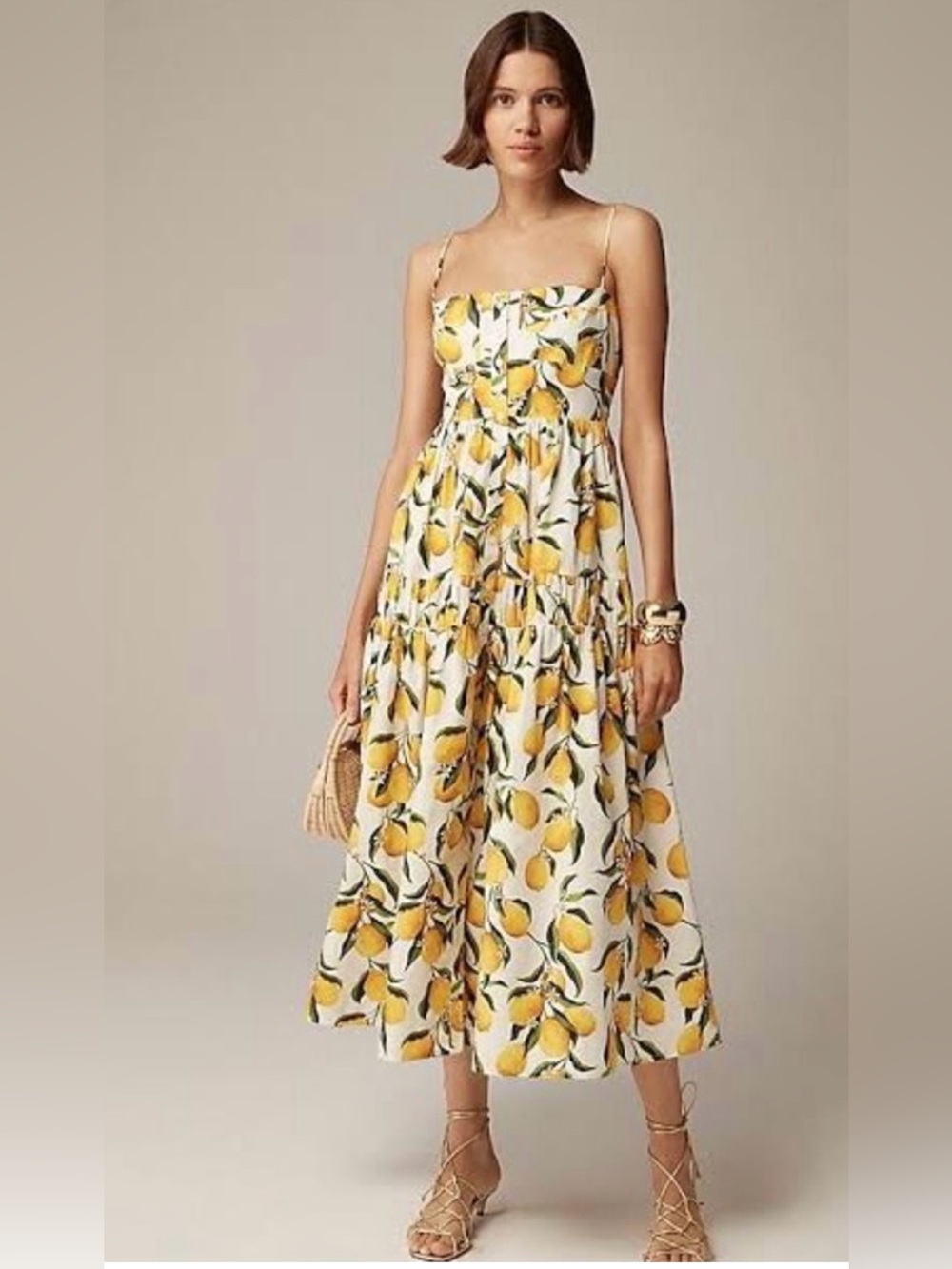 NWT J.Crew Strapless Yellow Lemon Print Midi Dress size 12